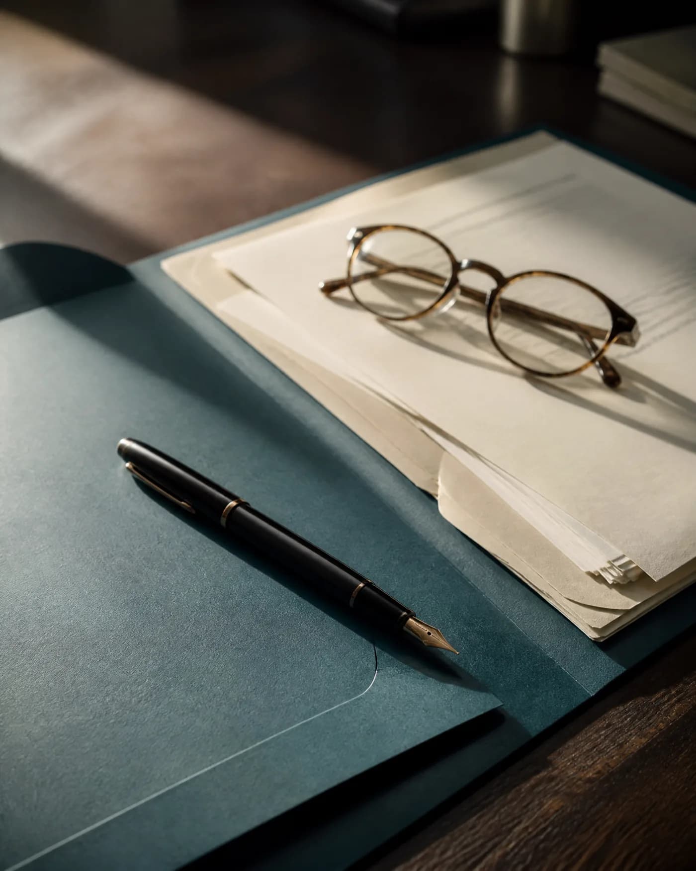 An open case folder, a fountain pen and reading glasses on a solicitor's desk