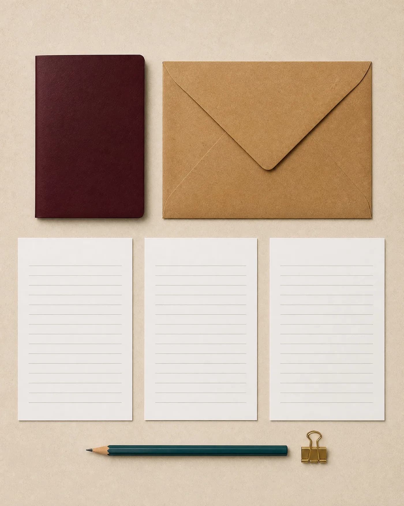 A passport, a kraft envelope and application sheets laid out in a grid