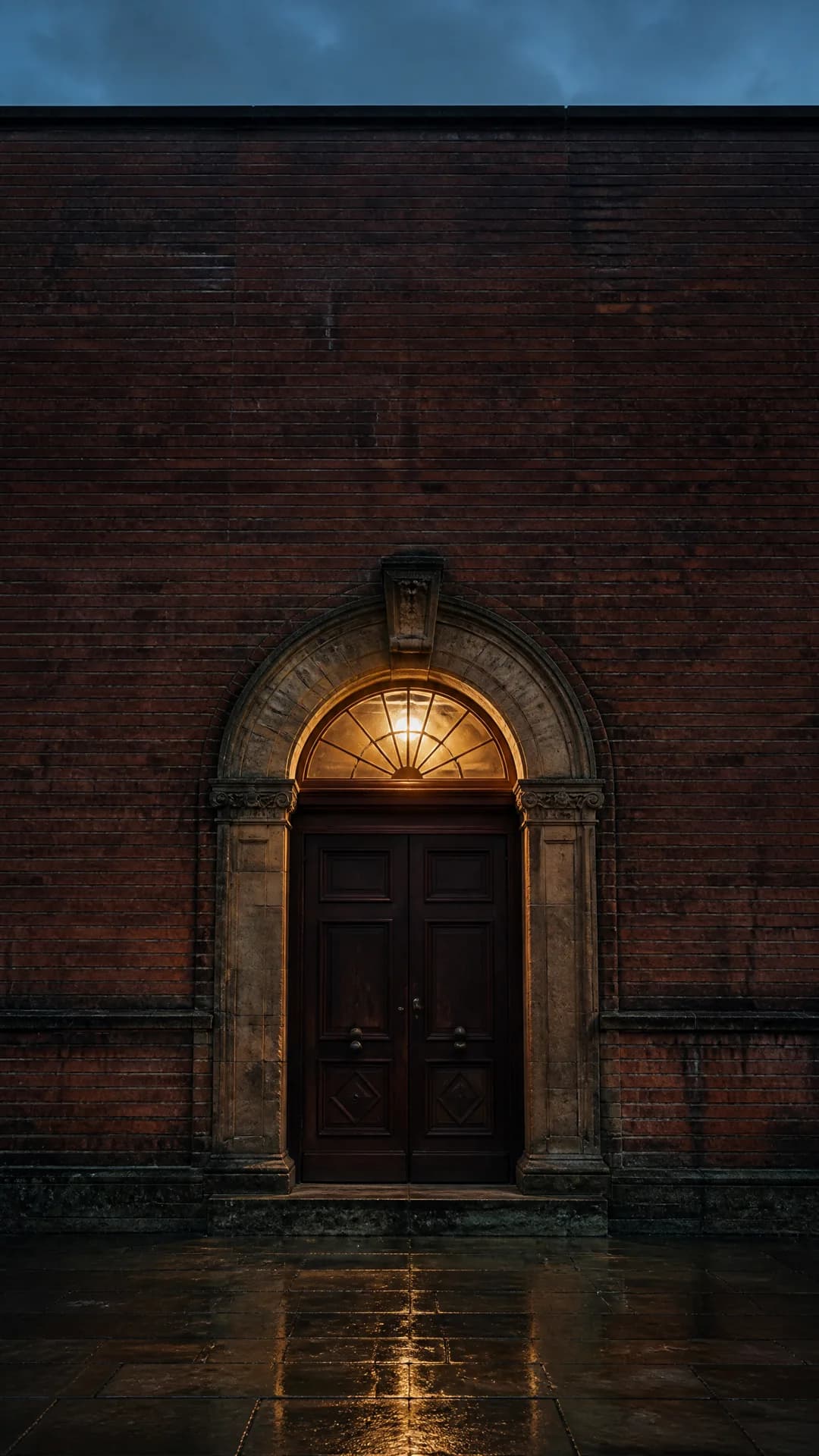 A Victorian red-brick doorway at dusk, the door open and a lamp lit inside